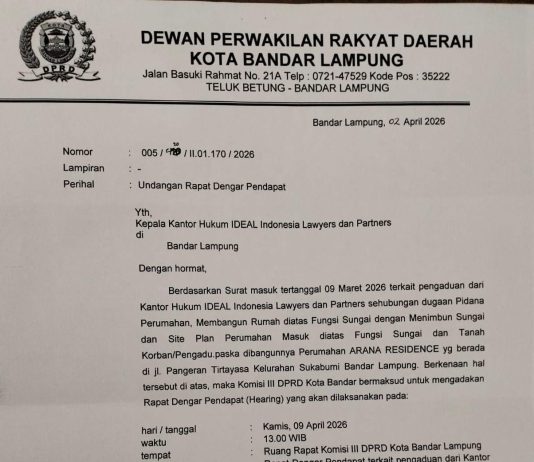 DPRD Bandarlampung Gelar RDP Bahas Pengaduan Dugaan Pidana Pembangunan Perumahan Arana Residence Sukabumi diatas Fungsi Sungai